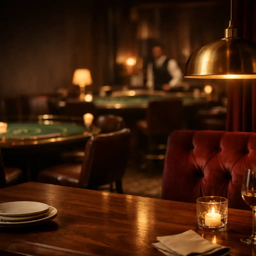 Wieczorne wnętrze Casino Lounge z orzechowym stołem, burgundowym aksamitem i lampą z mosiężnym detalem