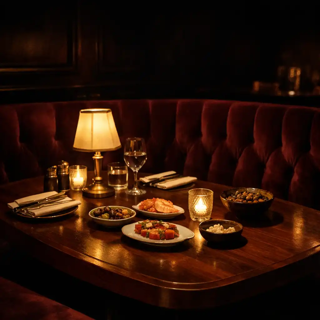 Elegancki stół w burgundowej przestrzeni Casino Lounge przed wieczorem
