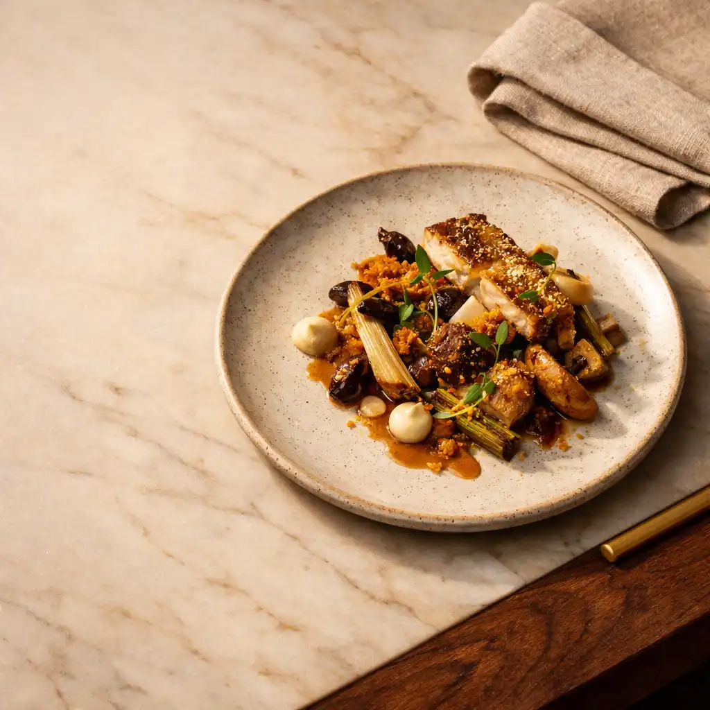 Współczesne danie restauracyjne na jasnym marmurowym stole