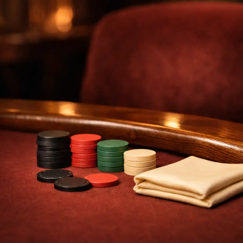 Detal burgundowego stołu pokerowego z matowymi żetonami, serwetą i drewnianą krawędzią