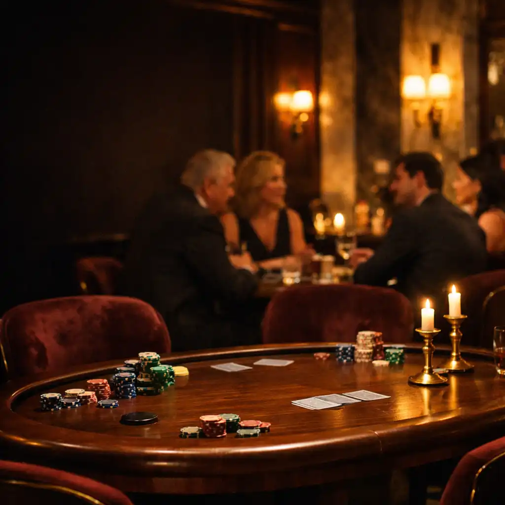 Wieczorny stół pokerowy w fizycznym card lounge restauracji Zelva Runi