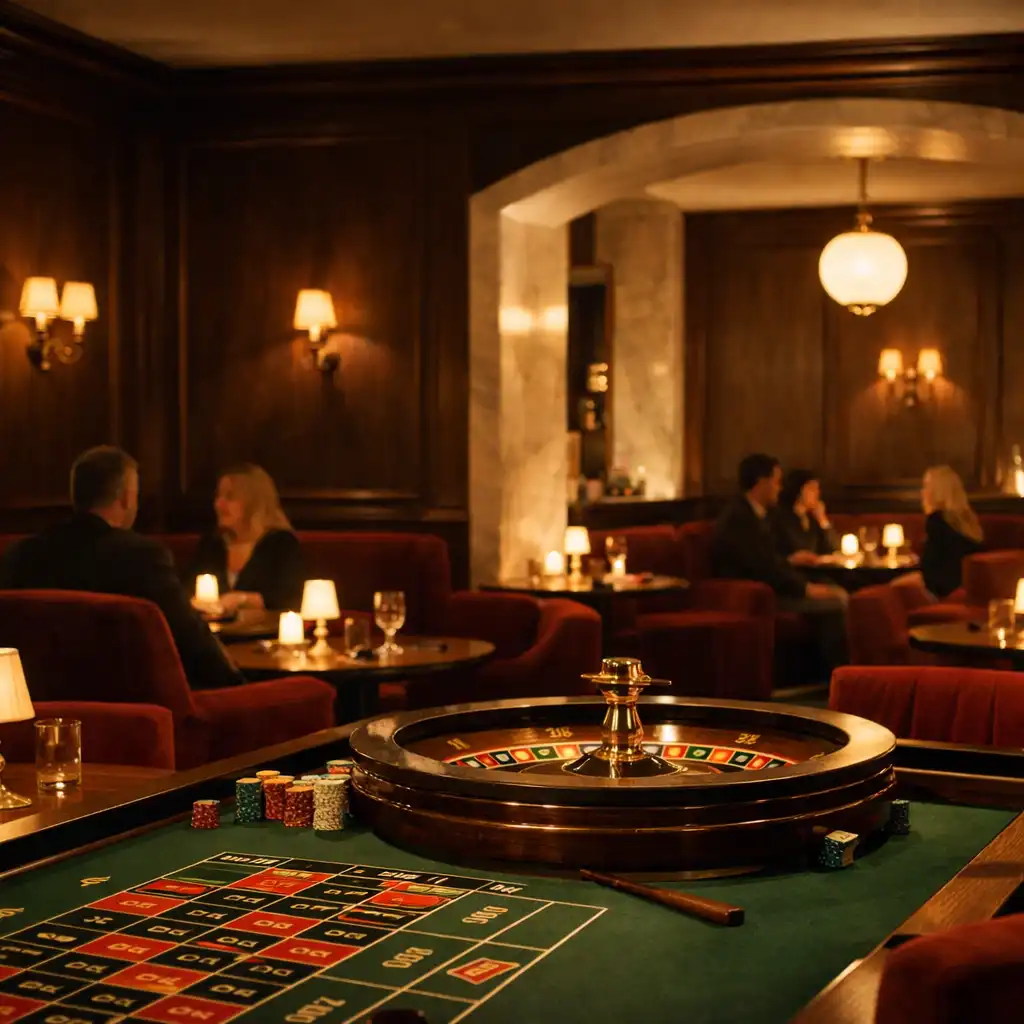 Wnętrze Casino Lounge z burgundowymi siedziskami, drewnem i stołem Ruletki