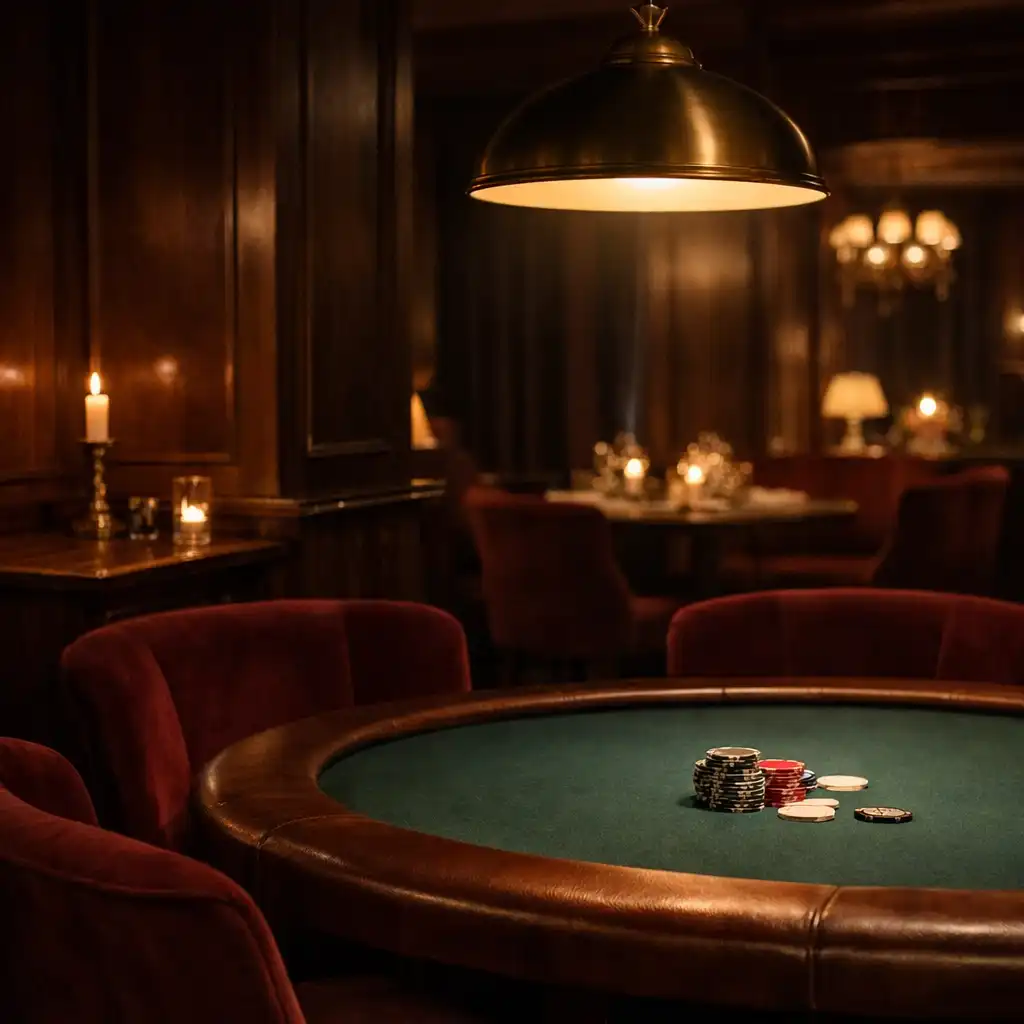 Intymne wnętrze fizycznego poker salonu z burgundowym aksamitem i stołem