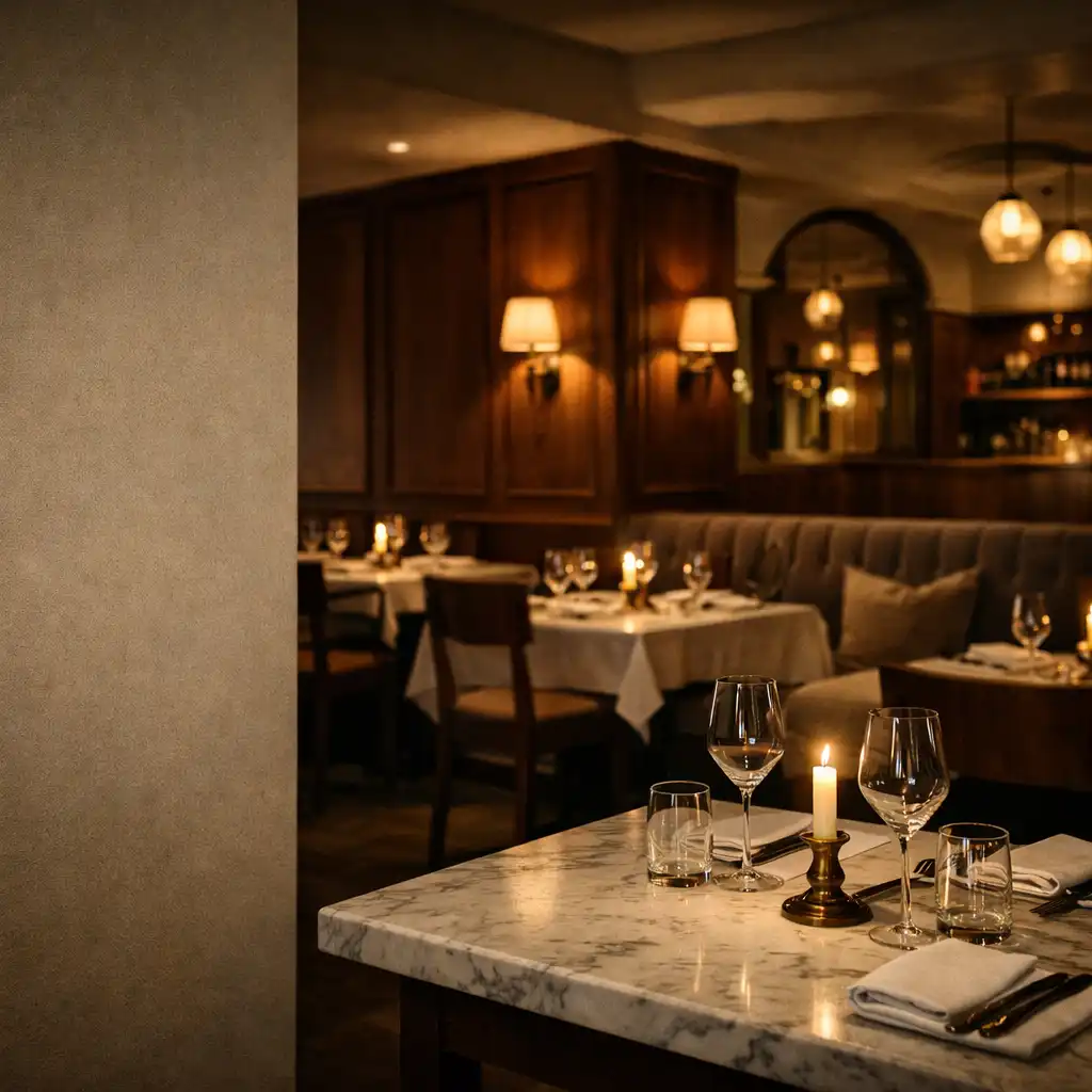 Ciepłe wnętrze restauracji z marmurowym stołem, świecą i orzechową zabudową