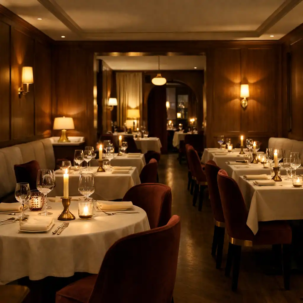 Wieczorna sala restauracji z orzechowym drewnem, marmurem i światłem świec