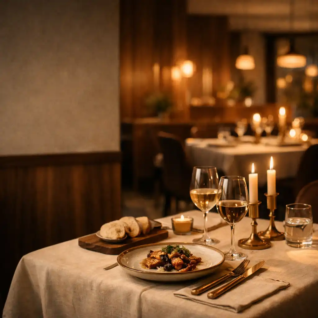Ciepło nakryty stół w restauracji Zelva Runi wieczorem